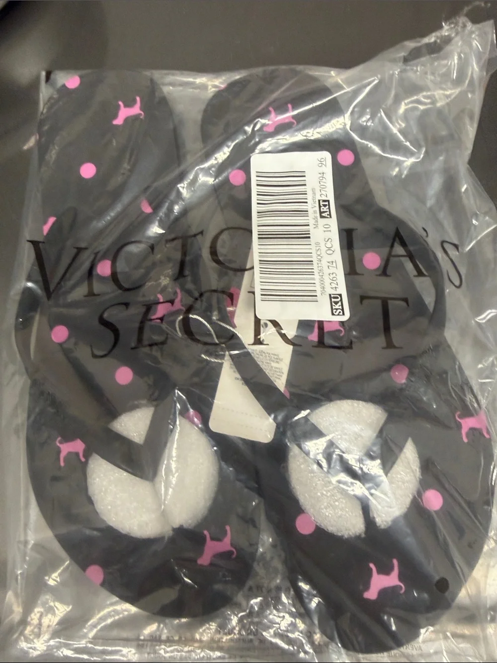 PINK Victoria's Secret Black Flip Flops with Pink Polka Dot & Dog Logo